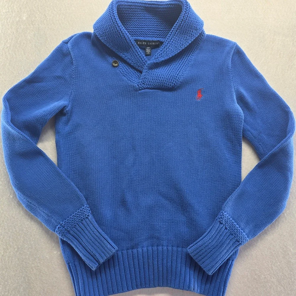 Ralph Lauren Kids Blue Shawl Collar‎ Sweater Cotton Knit Embroidered Pony S/P